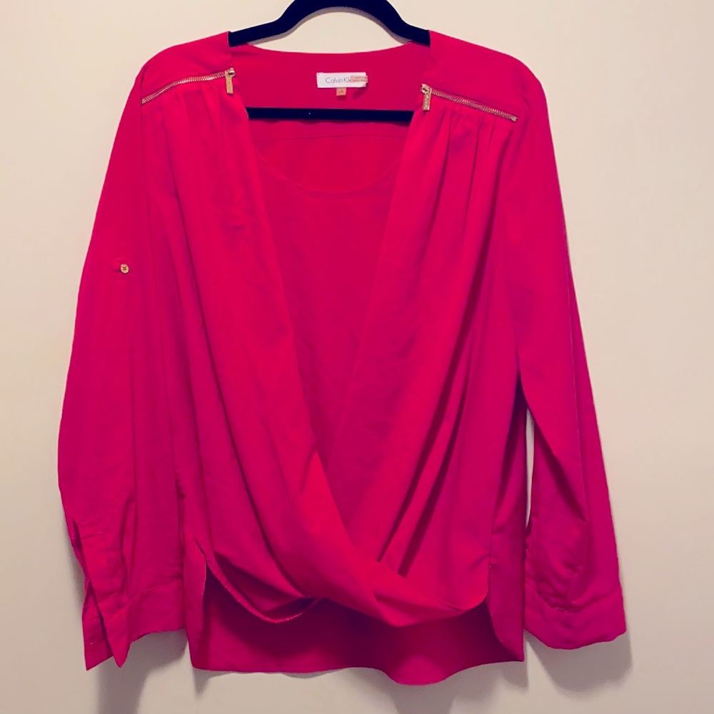 Calvin Klein LS bright pink faux-wrap blouse